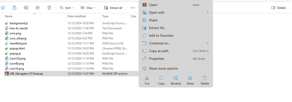 Extracting URL Navigation Extension zip file